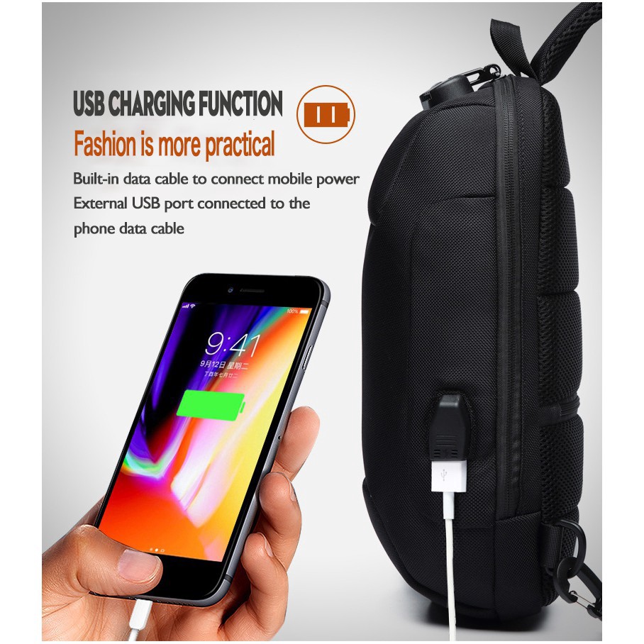 Túi đeo chéo OZUKO không thấm nước chống trộm có cổng USB thời trang nam