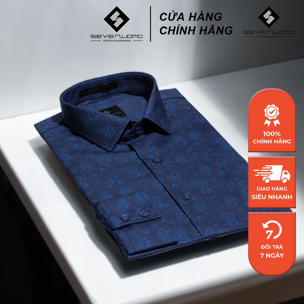 Áo Sơ Mi Nam Dài Tay SEVENUOMO Form Dáng Hàn Quốc, Không Nhăn, Vải Mịn Mát Form Vừa Họa Tiết Hoa Nhí Xanh Dương HT30