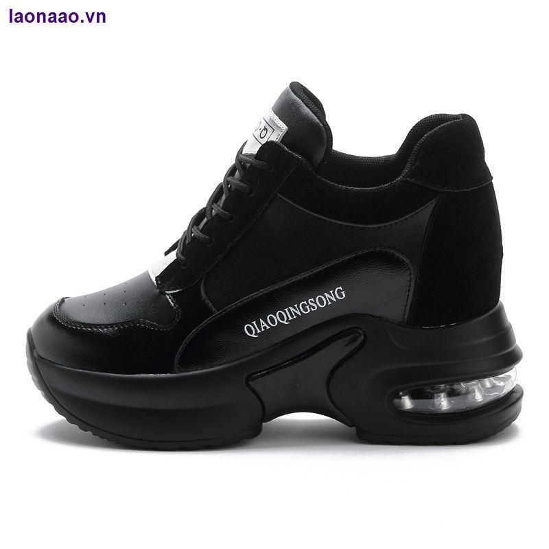 Giày thể thao đế dày tăng chiều cao thoáng khí màu đen thời trang mùa thu 2021 cho nữ