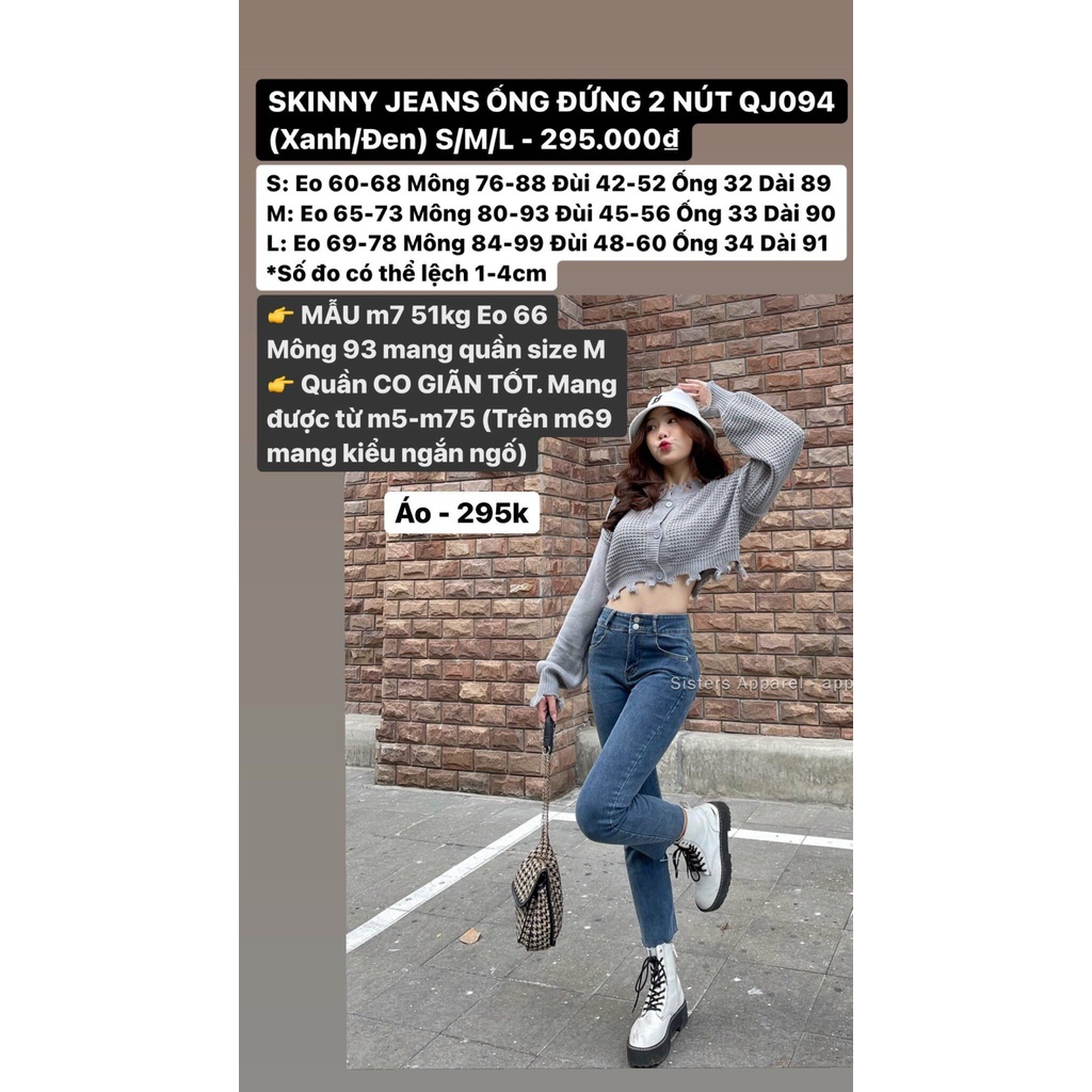 Quần skinny jeans ống đứng 2 nút - QJ094 (Xanh/ Đen)