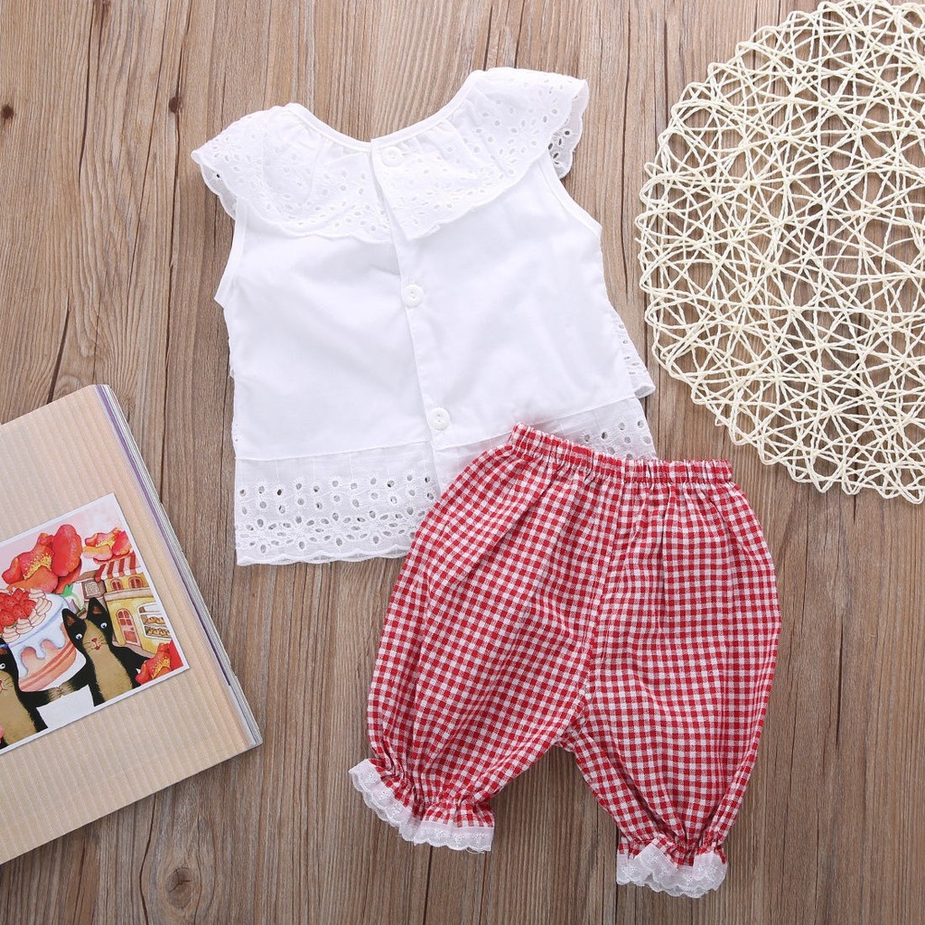 Set áo ren ngắn tay có đính nơ kèm quần họa tiết ca rô dễ thương cho bé gái