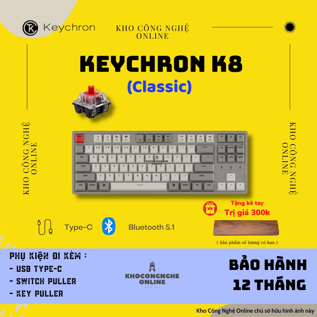 Bàn Phím Cơ Không Dây Keychron K8 HotSwap - Không Led | Keychron Switch