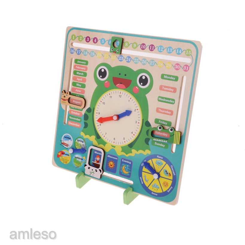 [AMLESO] Wood Calendar Clock Learn Time Date Weather Educational Toy for Boys Girls