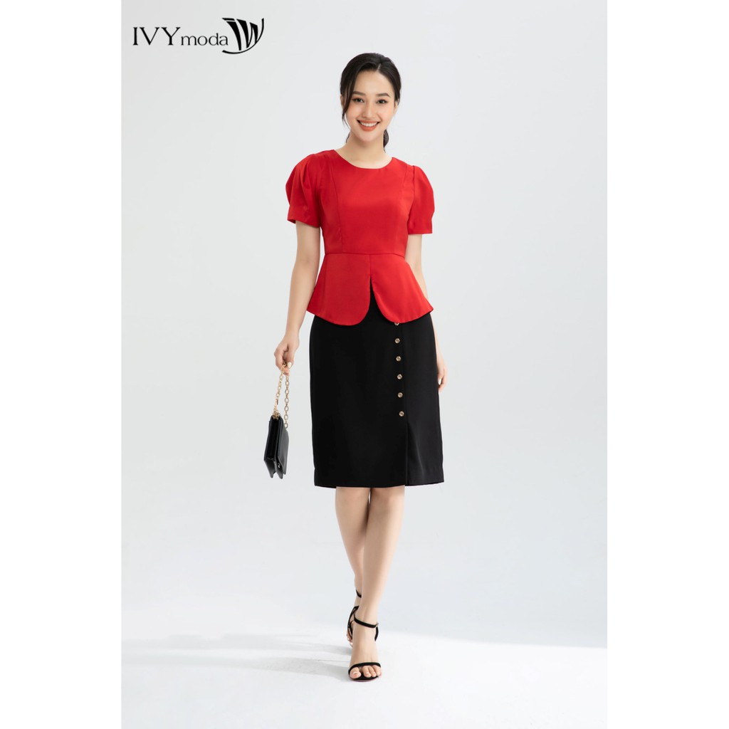 [NHẬP WABRTL5 GIẢM 10% TỐI ĐA 50K ĐH 250K ]Áo lụa đỏ dáng peplum thiết kế IVY moda MS 16T0004