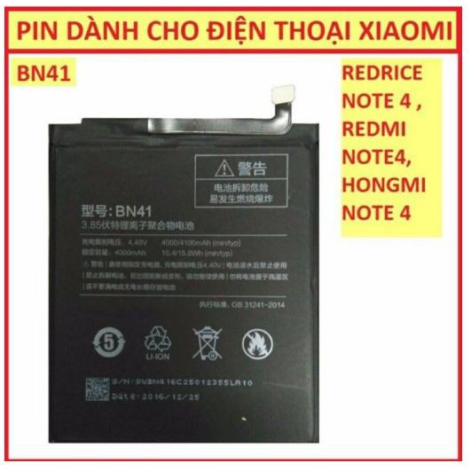 Pin Xiaomi redmi Note 4 (Bn41) có bảo hành, mới toanh hàng cực sịn cực bền