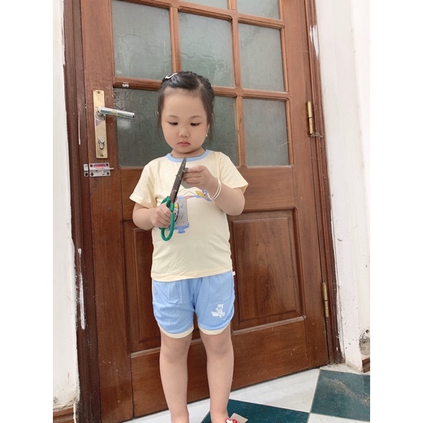 Bộ quần áo cộc tay chui cổ mùa hè vải thun lạnh Unchi phối viền màu bé trai bé gái 6-16kg