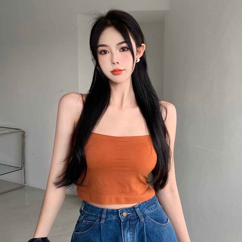Áo Crop Top Hai Dây Có Mút Đệm Màu Sắc Trơn Phong Cách Hàn Quốc Thời Trang Cho Nữ