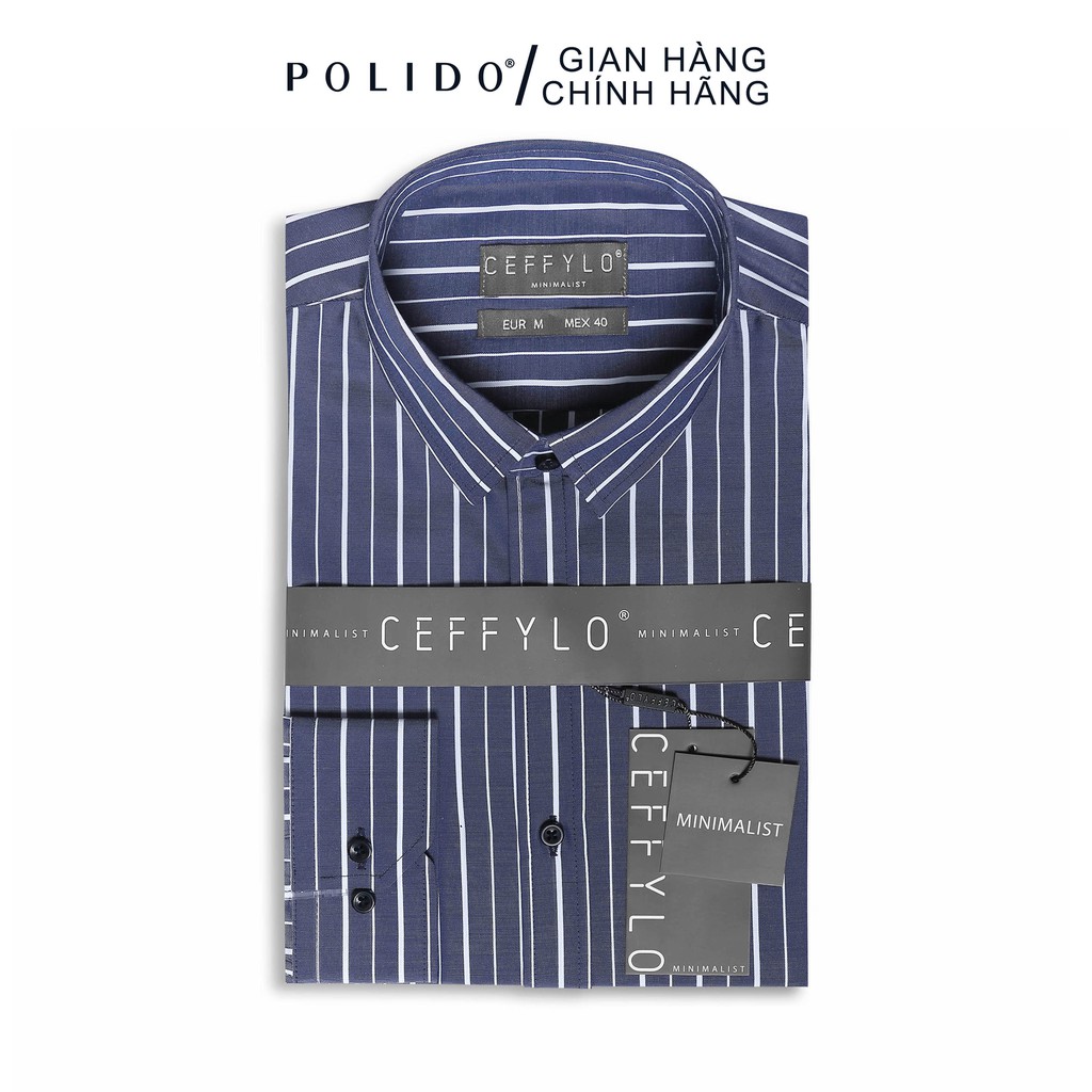Áo Sơmi kẻ sọc CEFFYLO 1 màu xanh navy vải Cotton họa tiết sọc lịch lãm Co giãn nhẹ - POLIDO