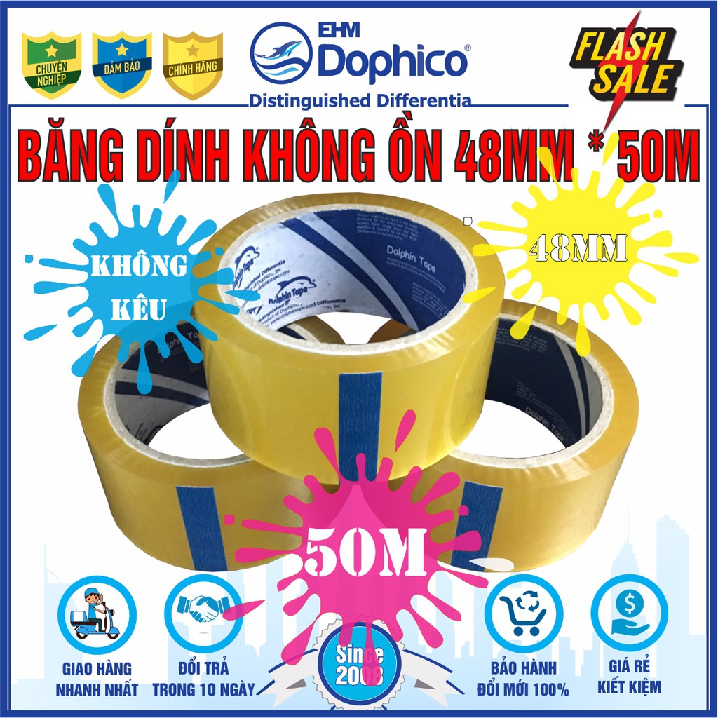 Băng dính không ồn Dolphin quy cách 48mm x 50M – Không kêu sột soạt khi sử dụng