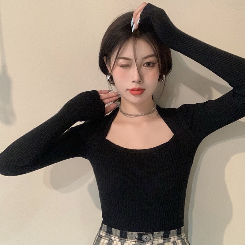 QKOOLE  Áo dệt kim cổ vuông tay dài thời trang retro Hàn Quốc dành cho nữ