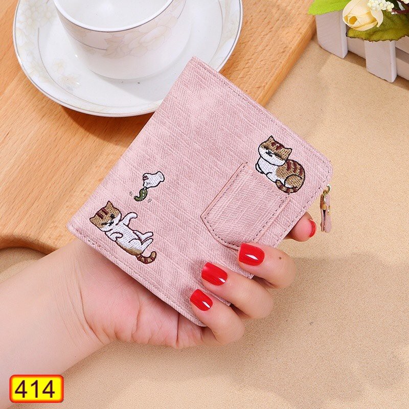 Ví Ngắn Nữ Mini Cầm Tay Cao Cấp Thêu 2 Chú Mèo Dễ Thương