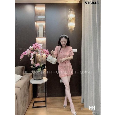 Sét dạ viền cổ tròn dáng ngắn màu hồng trẻ trung
