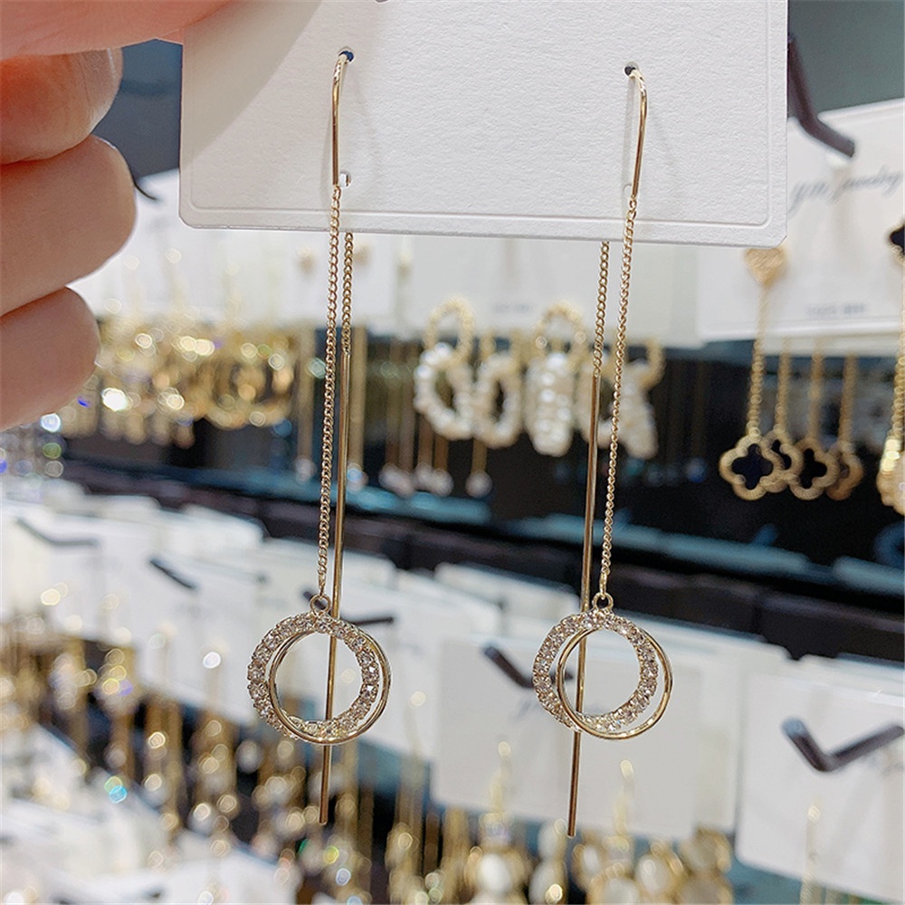 Bông tai dáng dài YANQUEENS mặt tròn đính đá zircon thời trang Hàn Quốc làm quà tặng cho nữ