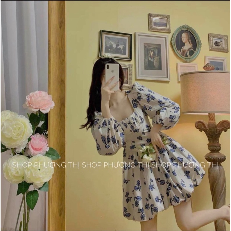 Váy hoa nhí cổ vuông tay bồng hoạ tiết bông hoa xanh ulzzang (hàng sẵn) | BigBuy360 - bigbuy360.vn