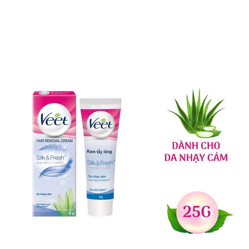 Kem tẩy lông Veet Silk &amp; Fresh Aloe Vera &amp; Vitamin E Dành Cho Da Nhạy Cảm 25g