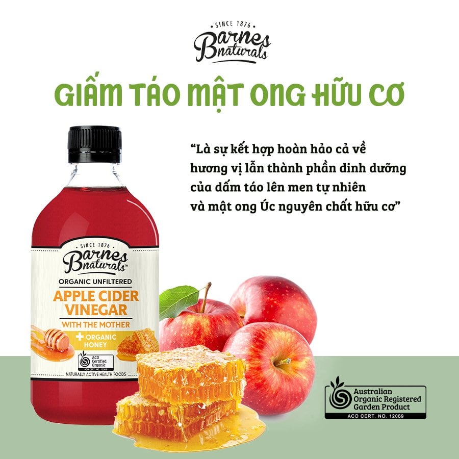 Giấm táo mật ong hữu cơ Barnes Naturals (có giấm cái) Organic Apple Cider Vinegar (with mother) &amp; Honey