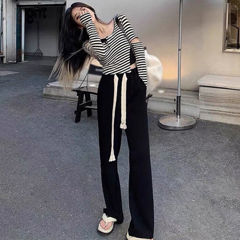 Quần dài thể thao ống rộng lưng cao phối dây rút thoải mái cho nữ