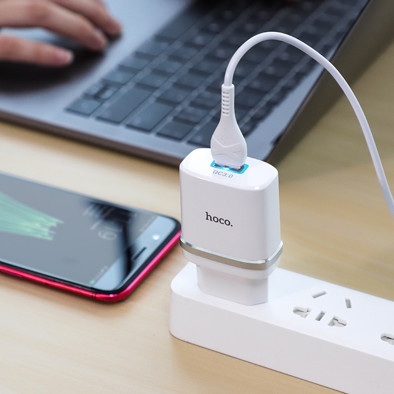 Bộ sạc nhanh Hoco C12Q cổng USB 18W, QC3.0 đầu Micro, Type-C Android dây cáp dài 1m