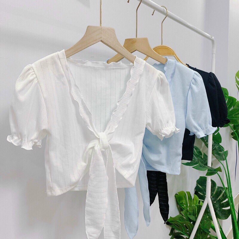 [Ảnh Thật] Áo Croptop Viền Bèo Cột Nơ Ngực, Thun Gân, Quyến Rũ Gợi Cảm - A5011