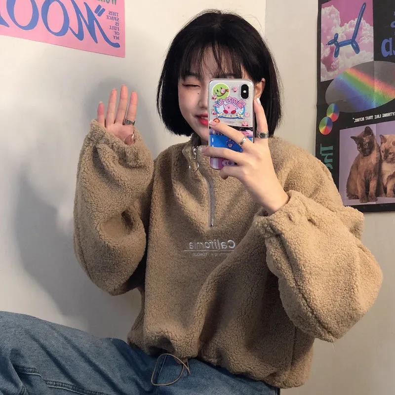 Áo khoác hoodie len lông cừu nỉ bông mềm dày ấm có khóa cổ phong cách Hàn Quốc mẫu mới 2021 | BigBuy360 - bigbuy360.vn