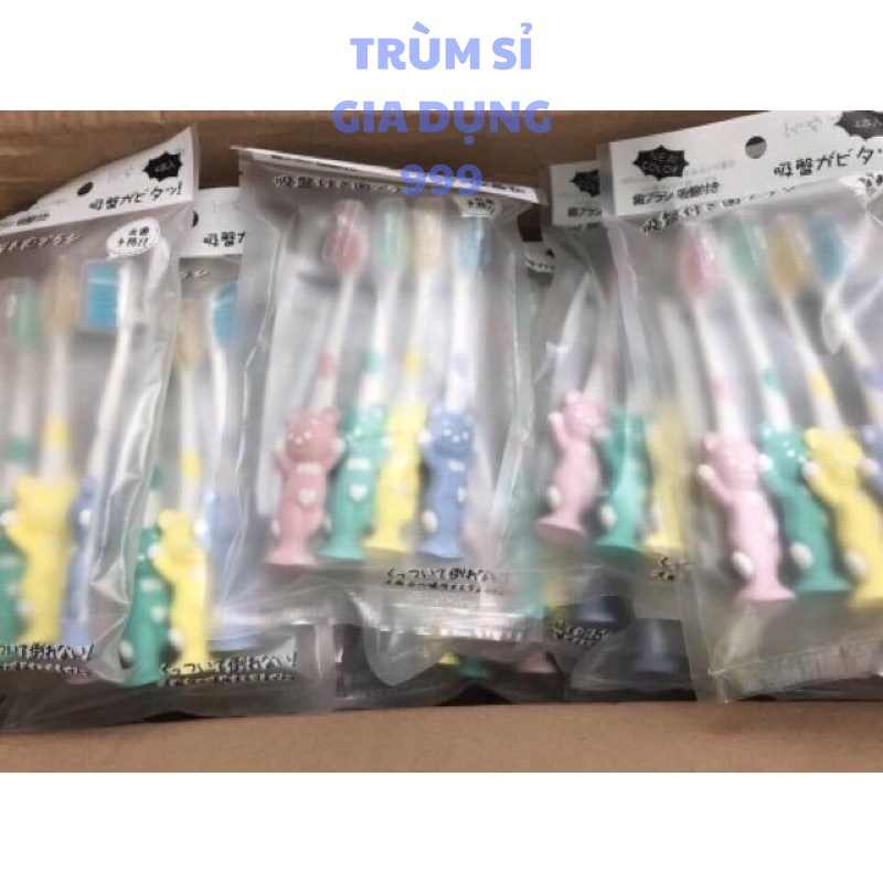set 4 cây bàn chải đánh răng cho bé, túi 4 cây bàn chải đánh răng cho bé lông mềm có đế hít dính có túi zip như hình