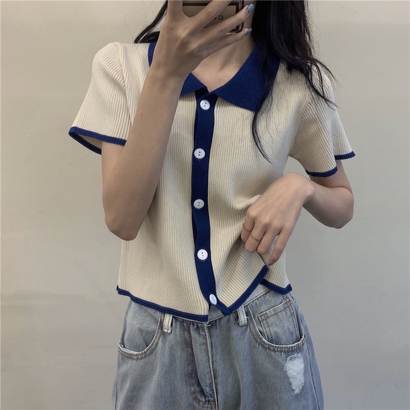 Áo thun Polo dệt kim tay ngắn phối nút nhiều màu sắc phong cách Hàn Quốc thời trang mùa hè cho nữ | BigBuy360 - bigbuy360.vn