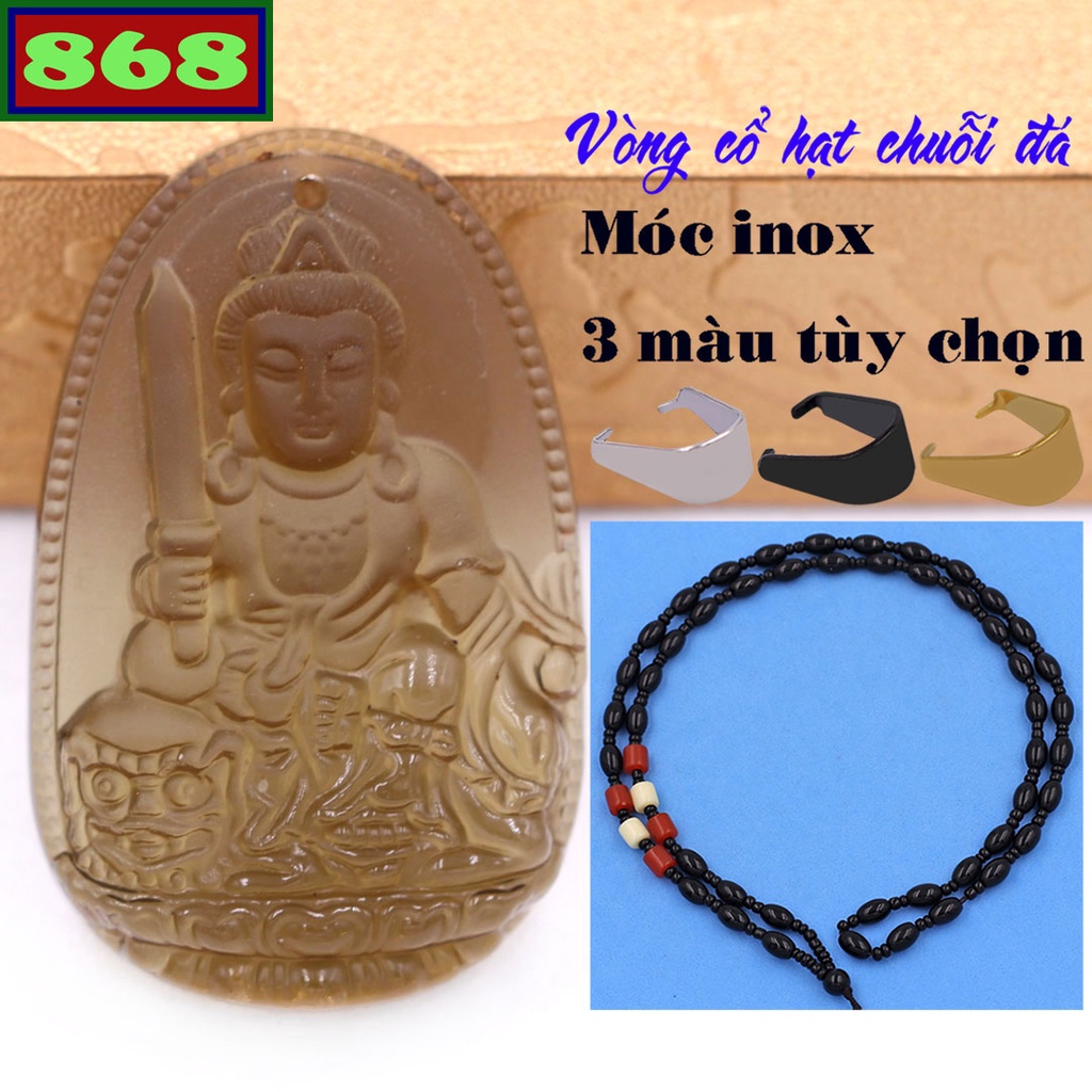 Mặt Phật Văn thù thủy tinh nâu kèm vòng cổ hạt chuỗi đen đá hình gạo - Phật bản mệnh