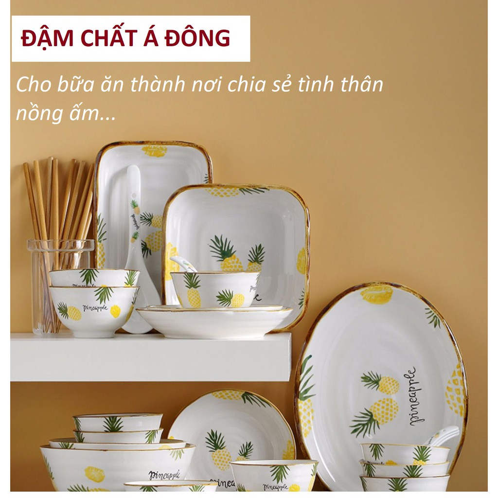 Đĩa Sứ Vuông Ceramic Họa Tiết Pineapple Xinh Xắn, Hàng Cao Cấp, Dày Dặn, Phù Hợp Cho Mọi Bữa Ăn Gia Đình [GÓI ĐẢM BẢO]