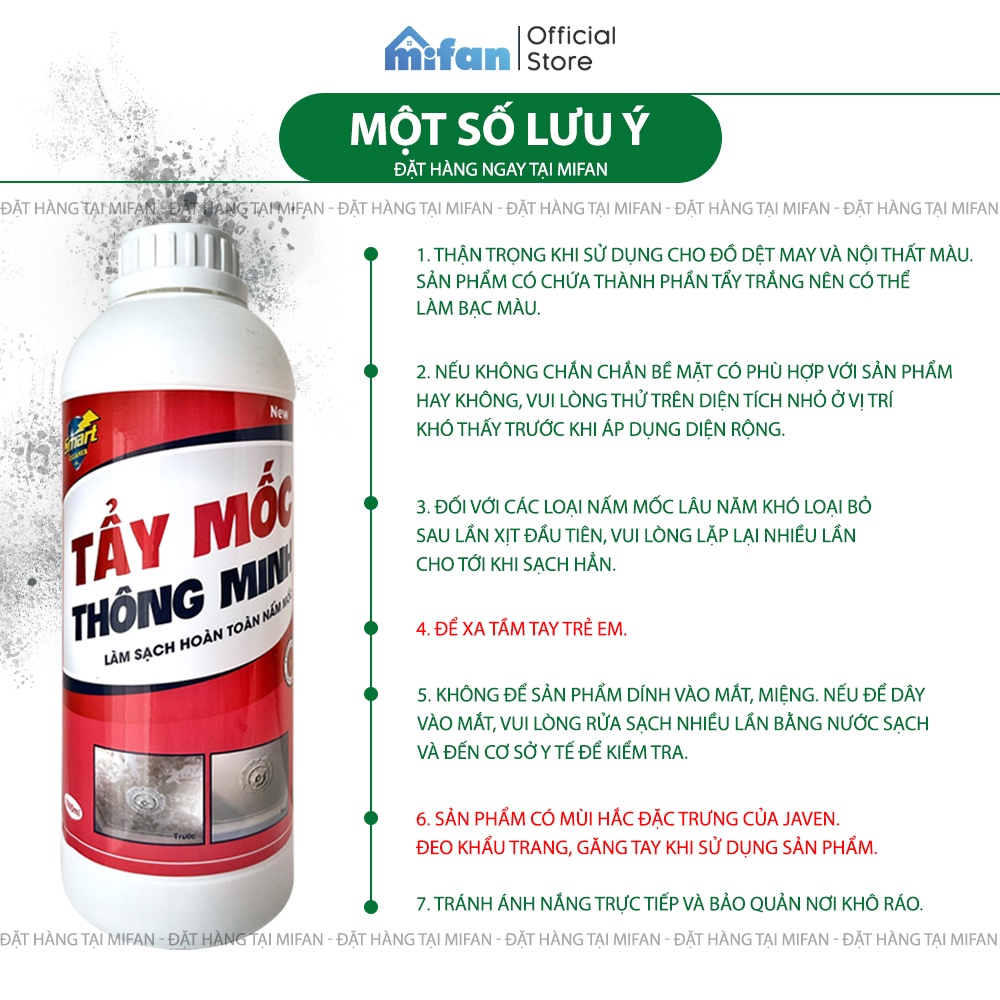 Dung Dịch Tẩy Mốc Tường SMART 1000ml - Tẩy sạch vết mốc lâu ngày trên tường, gioăng cao su, quần áo, chăn ga, đồ gỗ