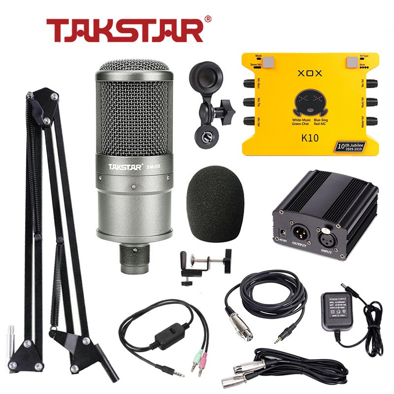 Bộ Mic Livestream Hát Karaoke Chính Hãng Đầy Đủ Mic Takstar SM-8B-S, Sound Card XOX K10, Nguồn 48V &amp; Phụ Kiện BH 1 Năm