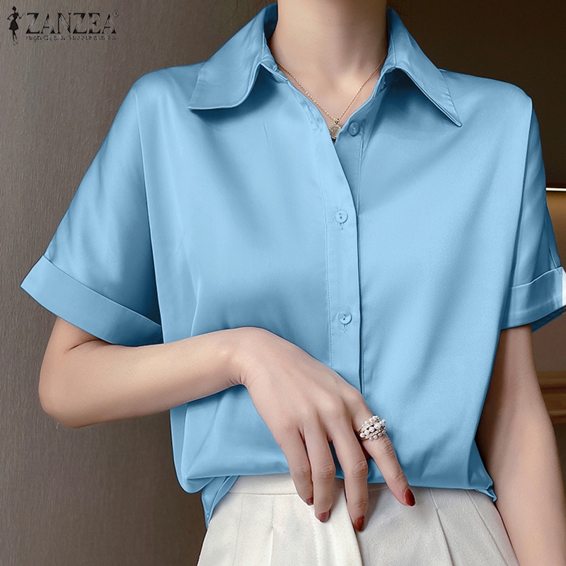 ZANZEA Áo Sơ Mi Vải Satin Tay Ngắn Cổ Bẻ Thời Trang Cho Nữ