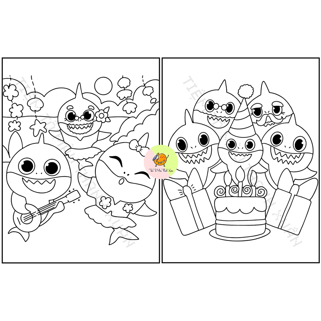 Set 10 Tờ Tranh Tô Màu Hình Baby Shark Cho Bé Tô Màu Sáp, Màu Chì - Tiệm Tô Màu Thanh Xuân