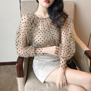 Áo kiểu nữ cổ tròn tay dài vải lưới họa tiết chấm bi dành cho nữ