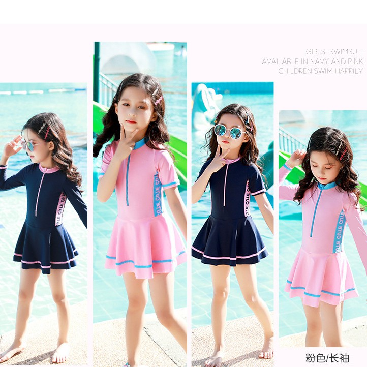Đồ bơi kiểu váy tay ngắn dài tay kèm quần rời bên trong thể thao cho bé đi chơi biển đi bơi