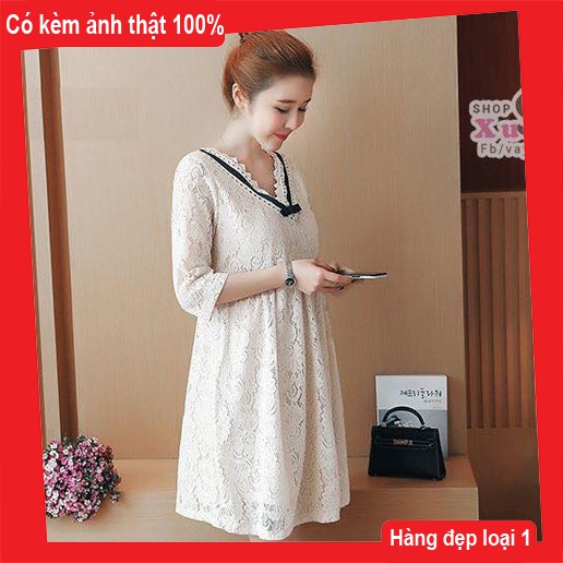 Đầm bầu (Váy bầu) ren màu be cho bà bầu 2019