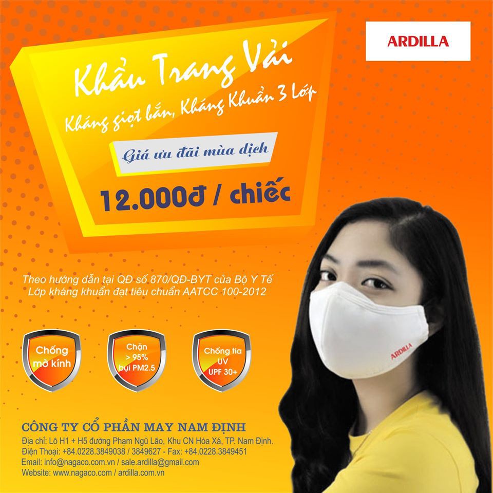 Combo 5 Khẩu Trang Vải 3 Lớp Người Lớn ARDILLA Cotton, Chống Mờ Kính, Chống Bụi Mịn, Chống Nắng UV