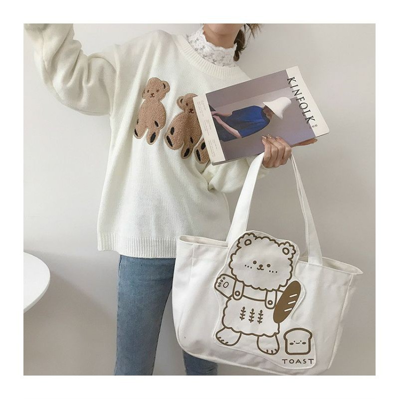 Túi tote vải canvas - Hình gấu - có khóa, túi con - Bobemstore