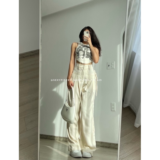 ✅Áo croptop và quần tây nude