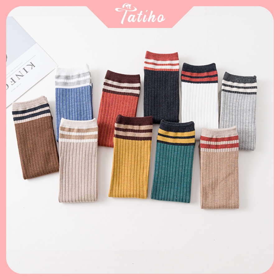 Vớ Tất Unisex Cổ Cao Chất Cotton Họa Tiết Trơn Phối Sọc Cổ Phong Cách  Đơn Giản Thời Trang Hàn Quốc - Mã TV029