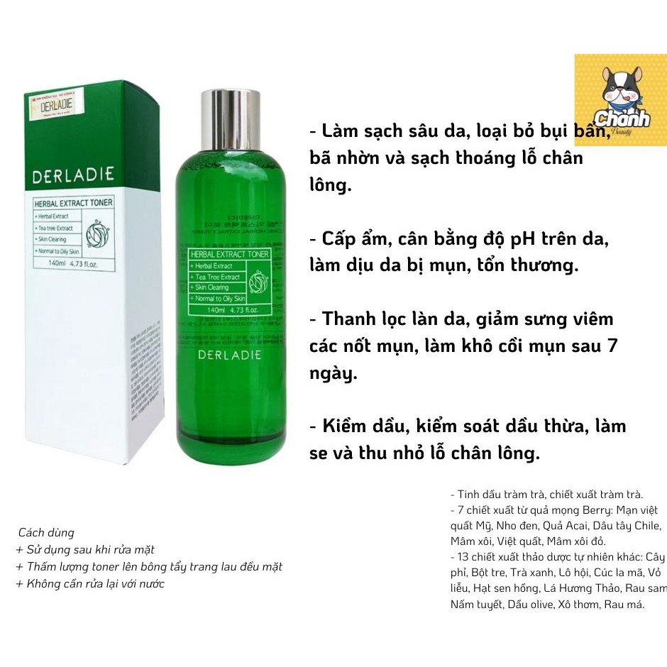 Nước hoa hồng tràm trà dành cho da mụn Derladie Herbal Extract Toner 140 mL