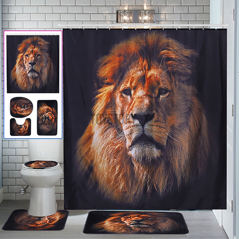 Lion Animal Shower Curtain Bath Pad Pedestal Rug Lid Toilet Mat Cover