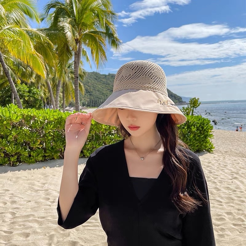 Mũ cói đi biển vành rộng thêu chữ có nơ , phụ kiện thời trang nữ