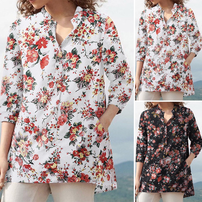 Áo kiểu ZANZEA tay áo 3/4 cổ chữ V in họa tiết hoa đơn giản kiểu vintage dễ phối đồ cho nữ