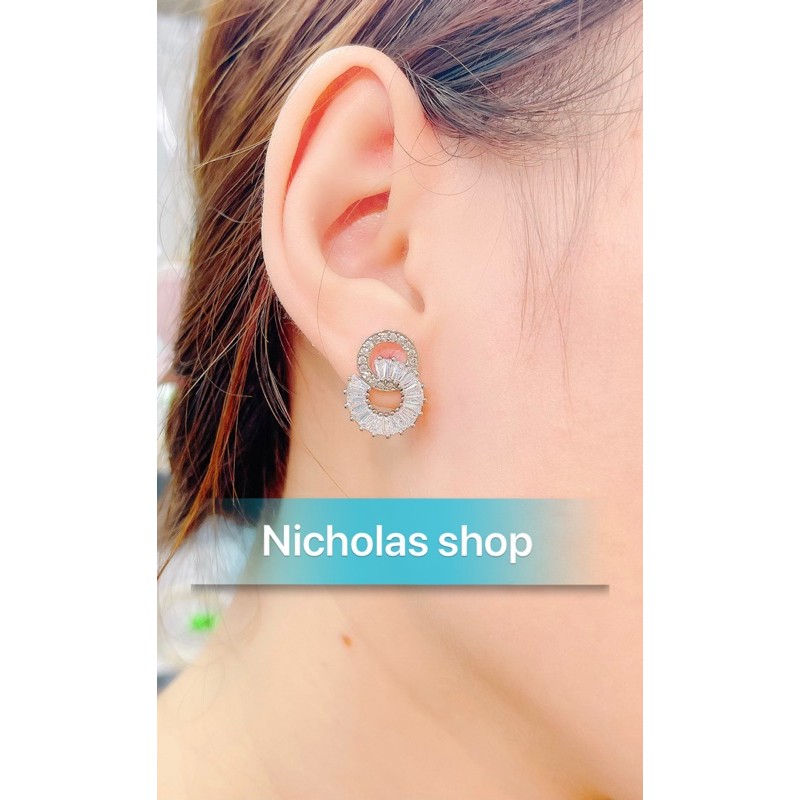 Bông tai Italy full đá bagguet mạ bạch kim