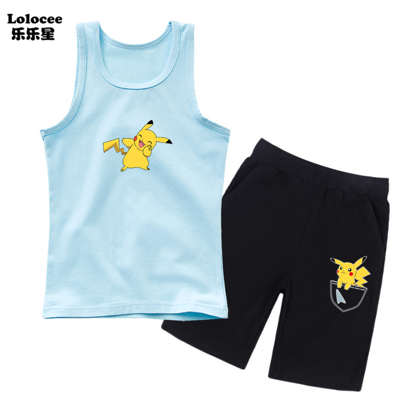 Bộ đồ đi biển và quần đùi Pikachu cho bé trai Bộ trang phục 2 mảnh Bộ quần áo thể thao hoạt hình mùa hè cho trẻ em 3-14 tuổi