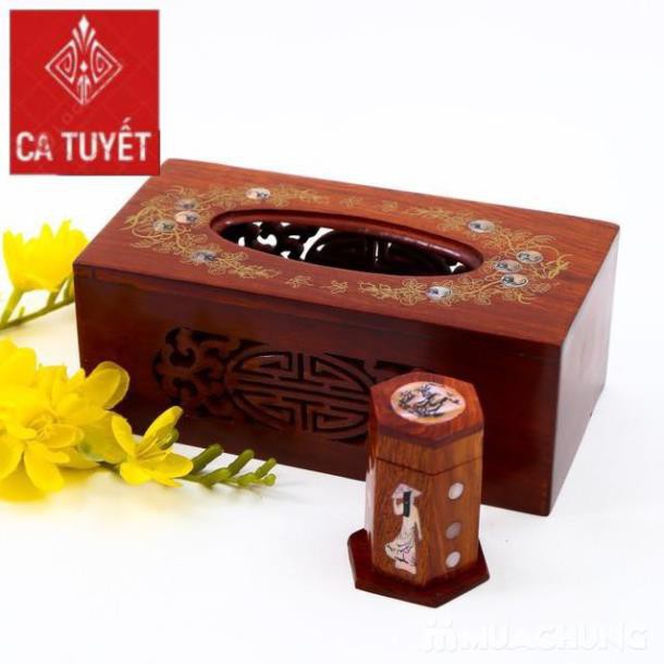 COMBO Hộp đựng giấy ăn chữ nhật + lọ đựng tăm cao cấp gỗ hương khảm hoa văn.