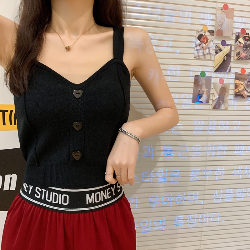 Áo Hai Dây Dệt Kim Màu Trơn Cài Nút Trước Hình Trái Tim Gợi Cảm Thời Trang Phong Cách Hàn Quốc Cho Nữ