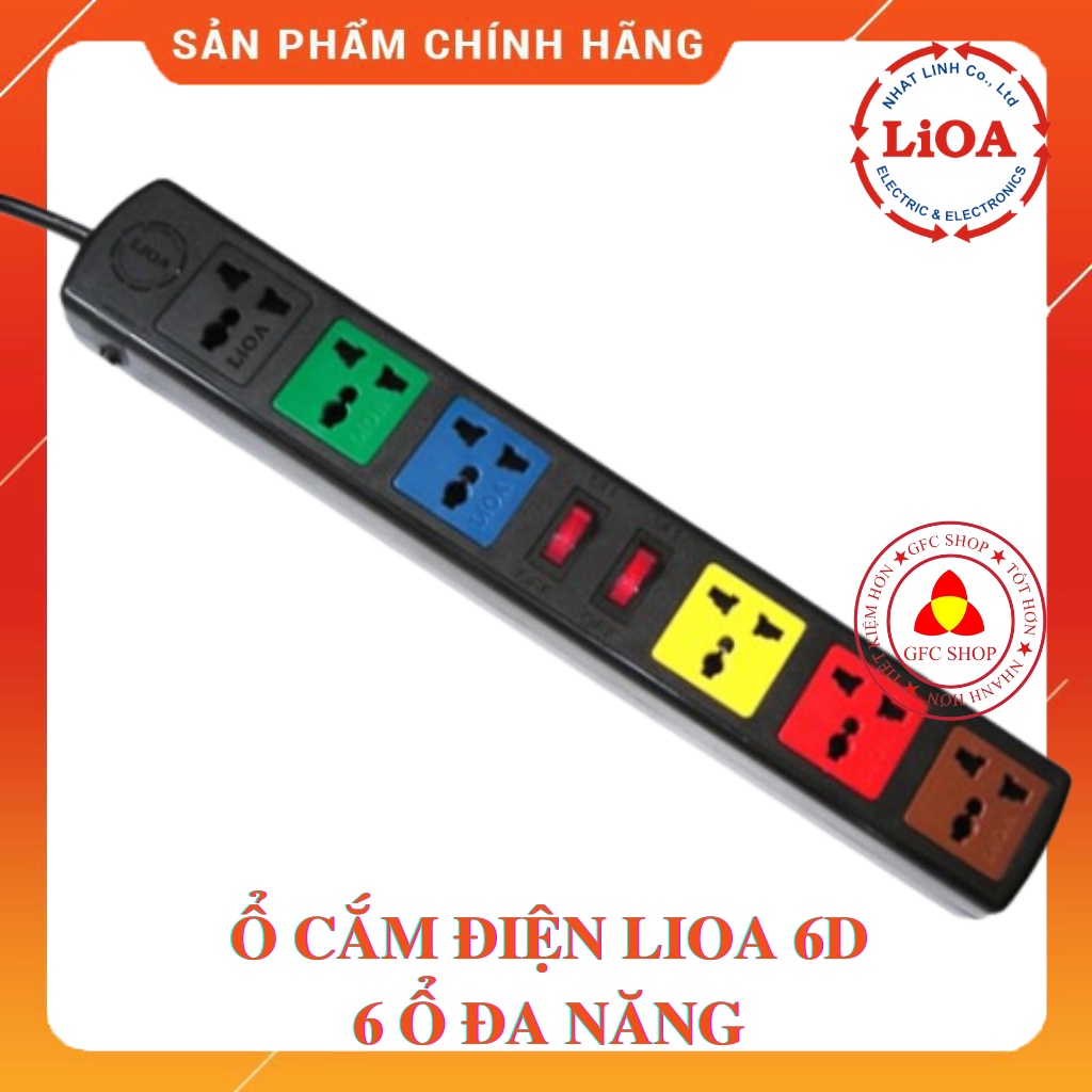 Ổ cắm điện LIOA 6 Ổ đa năng 2000W dây dài 3m hoặc 5m (6D hoặc 6DND) Màu đen - Thế hệ mới