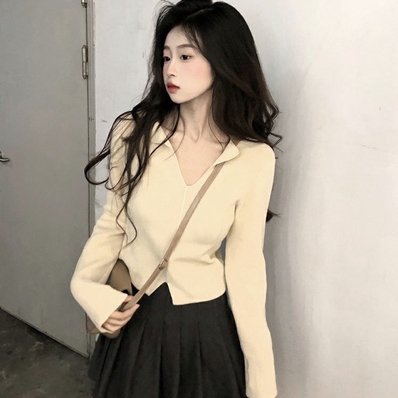 Áo sweater ZHELIHANGFEI dài tay cổ chữ V xinh xắn dành cho nữ