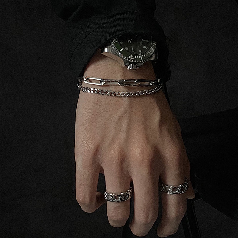 Set vòng cổ, vòng tay unisex BROO chain 2 lớp màu bạc, dây chuyền nam nữ phối xích cá tính